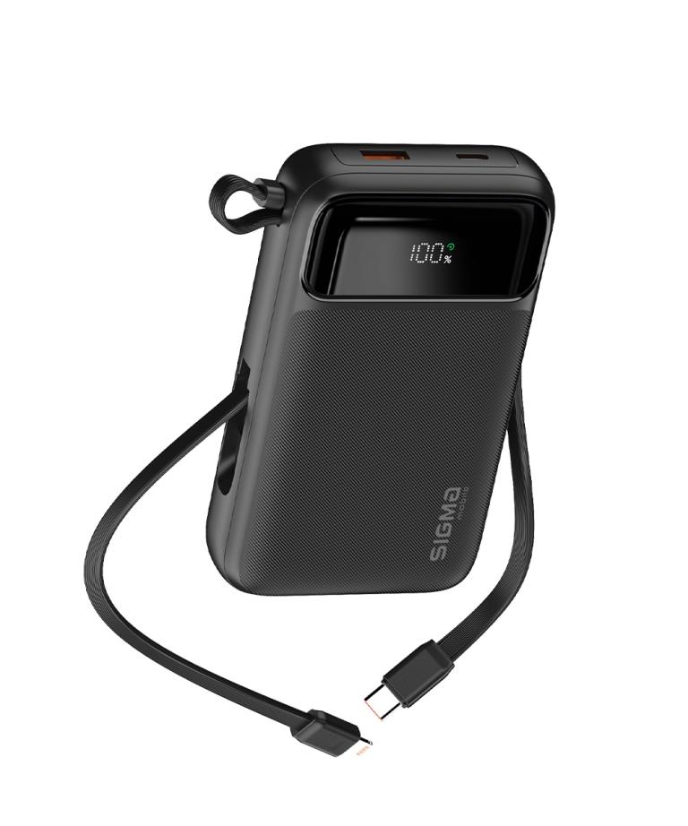 Павербанк Sigma mobile X-power SI20A8QL-MAG black (20000mAh, Magnetic wireless 15W, PD+QC, 22,5W max, LED-екран, вбудовані кабелі Type-C та Lightning, MagSafe-